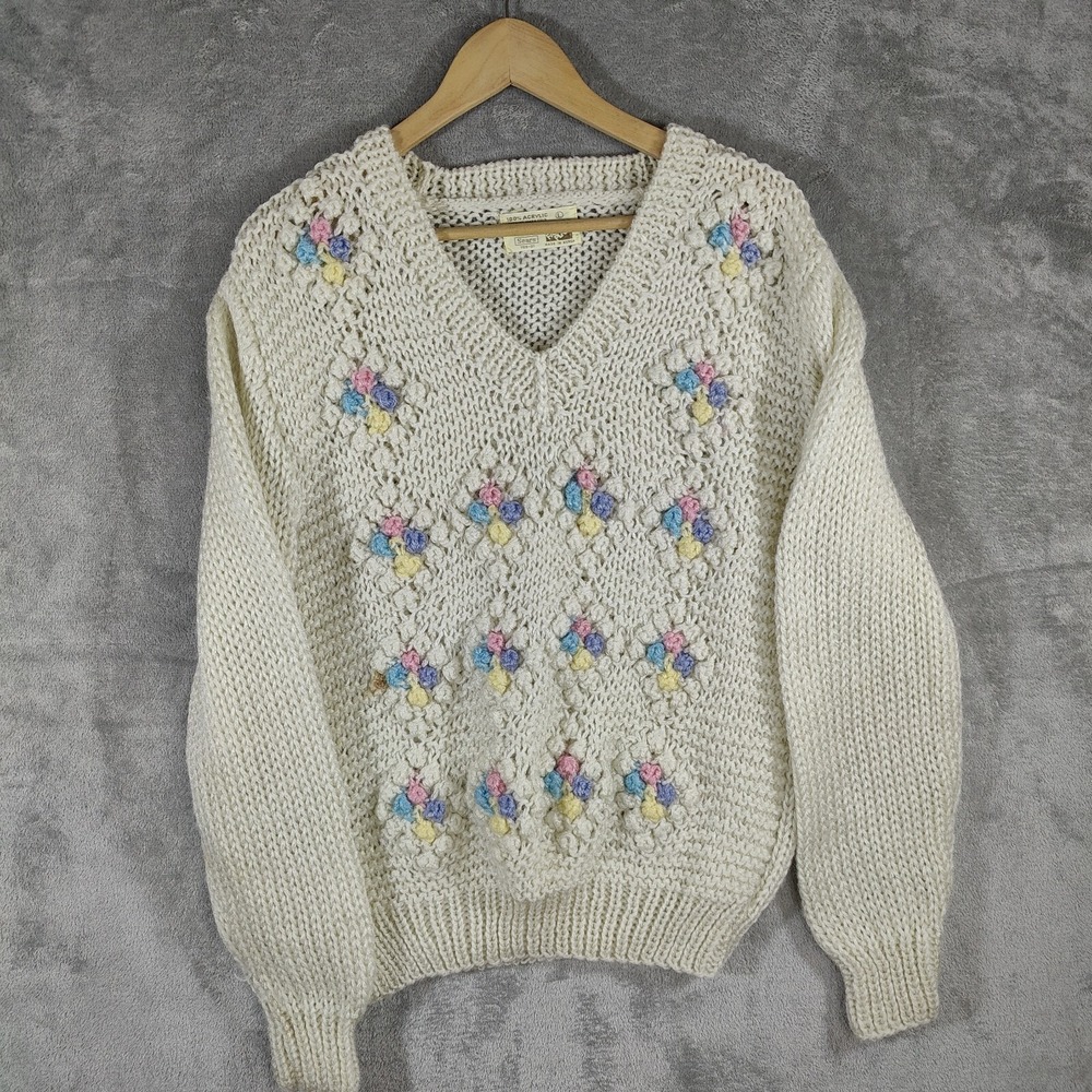 Sears Sweater Womens Large Multicolor V Neck  Chunky Popcorn Knit 100% Acrylic‎